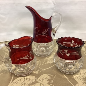 Vintage Kings Crown Ruby Flash 8” Pitcher OR Sugar and Creamer OR Set of 4 Tumblers OR Toothpick Holder- Stunning Pieces!