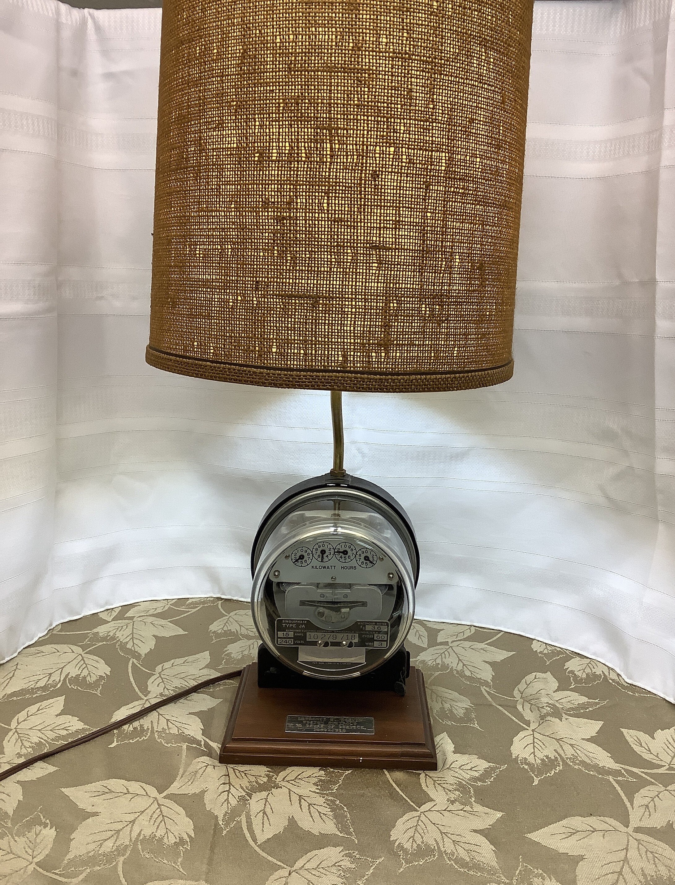 Vintage Electric Meter Lamp Burlap Shade Meter Turns man Cave den