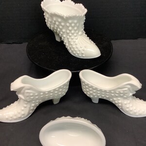 Vintage Fenton Hobnail Milk Glass Cat Shoes. Lidded Shoe or Slipper. All are Marked on Bottom. Choice. image 3