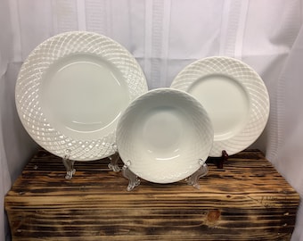 Vintage Ironstone Regina By Wedgwood White China -Retired- White Embossed Rim Choice Dinner or Salad Plate or Cereal Bowl or Cup and Saucer