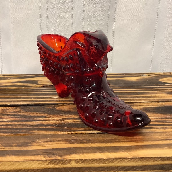 Vintage Fenton Cat Slipper Shoe in Ruby Red Hobnail Glass