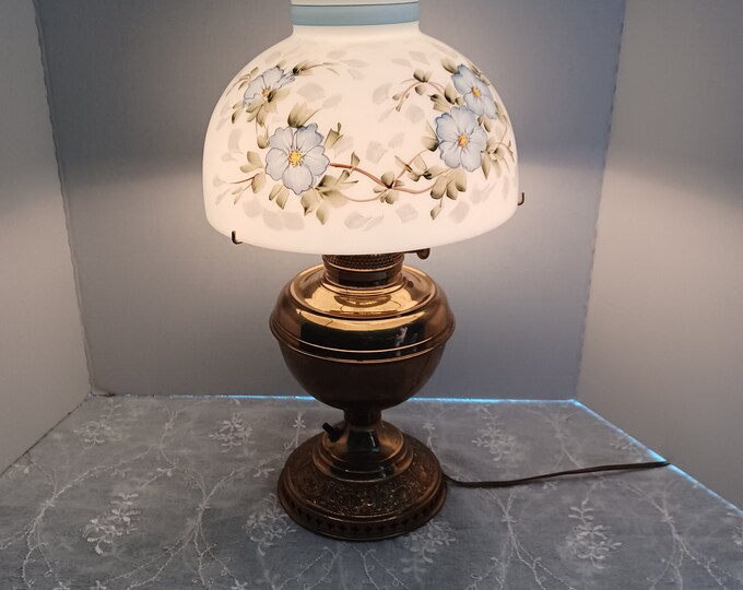 Antique Victorian Parlor Lampelectrified Blue Floral and White Lamp