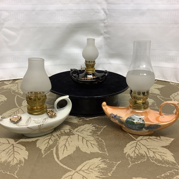 Vintage Oil Lamps -Choice -Aladdin Style Oil Lamp -Florida Souvenir Orange Lamp-Black Mini or White with Gold Trim.