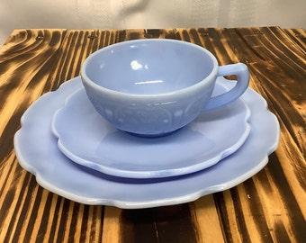 Vintage Jeanette Delphite Cherry Blossom Childs Tea Sets. Cup, Saucer & Lunch Plate. 3 piece set
