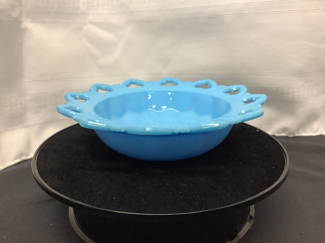 Vintage Blue Milk Glass Bowl With Cut Out Heart Edge Shell Etsy