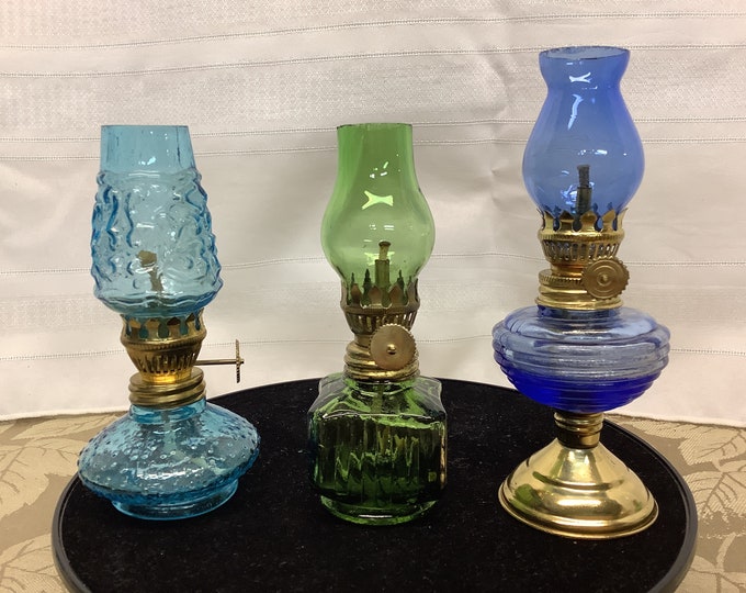 Vintage Colored Glass Mini Oil Lamps Choice Teal Green Royal Blue Mini