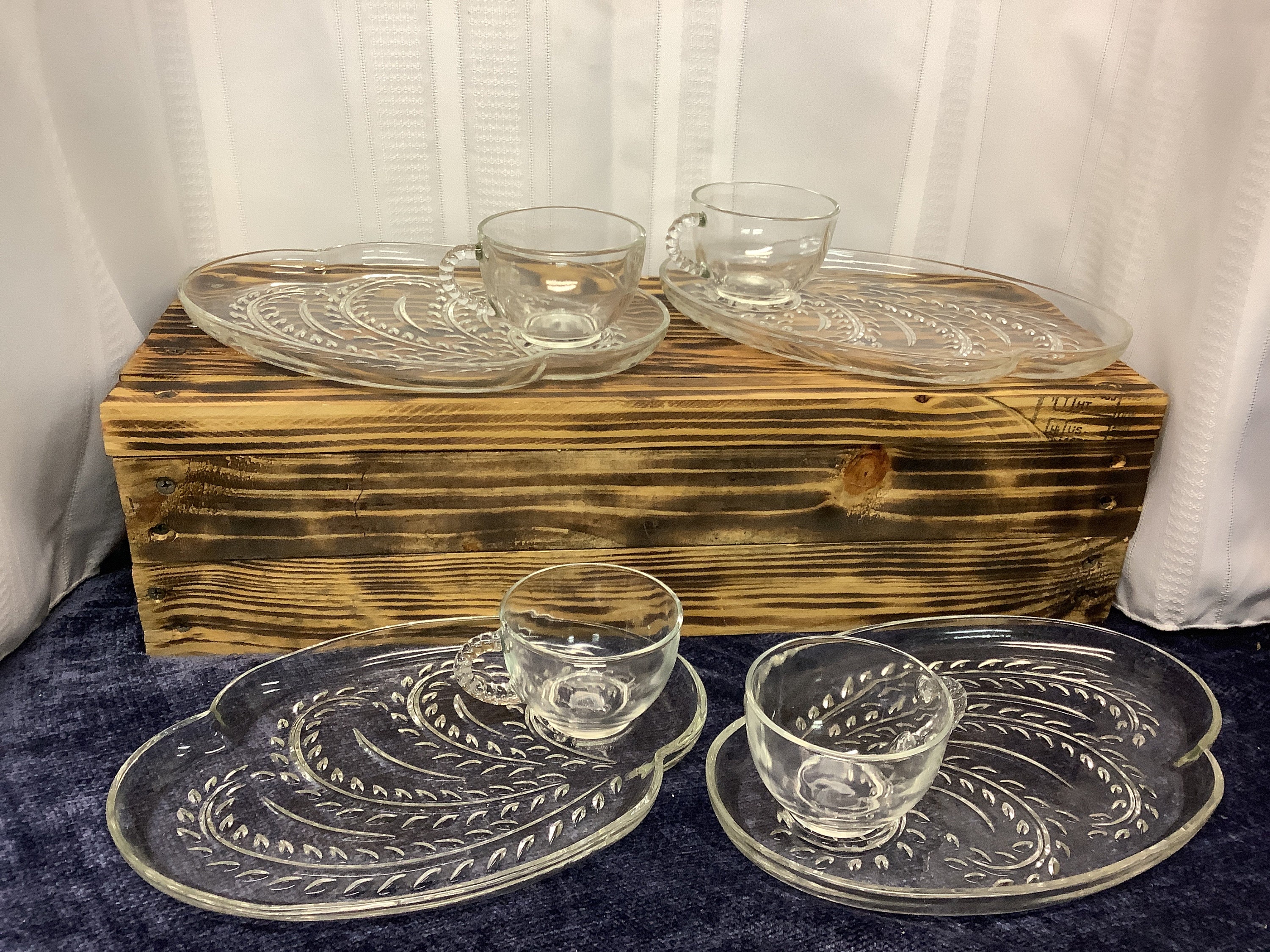 Vintage glass snack store plates with cups