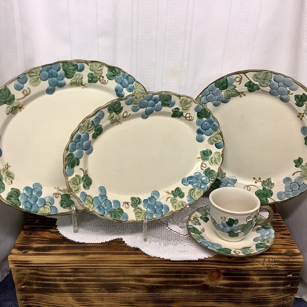 Vintage Metlox Poppy Trail Blue Sculptured Grape Choice Plate, Platter, Bowl or Tea Cup and Saucer- Display read description