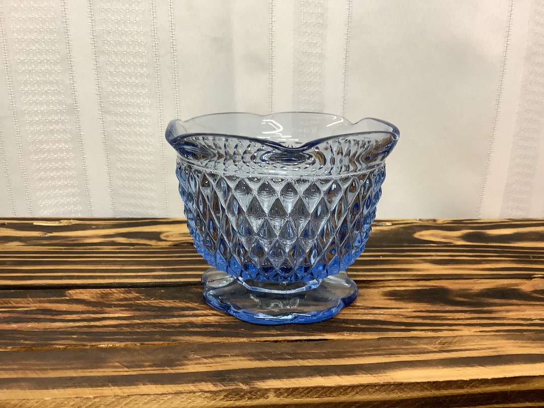 Vintage Indiana Glass Diamond Point Blue Glass Footed Ruffled Edge ...