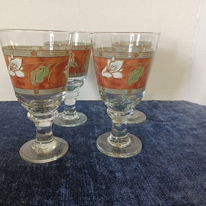 Vintage Pfaltzgraff MISSION FLOWER 16 Oz. Glassware Cooler Tumbler Glass Set  of 3 Glasses Cream Rust Brown Stoneware With Floral Design 