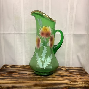 Handblown Glass Pitcher (Antique)  “Crysanthemum” Emerald Frosted & Enameled Ewer with Hand Painted Flowers.
