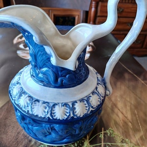 Vintage Ceramic Water Pitcher. Hand Painted. Country Kitchen Décor. Country Blue and White Pitcher.