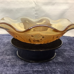Vintage Carnival Glass Bowl Ruffled Edge. Iris & Herringbone Marigold Iridescent Carnival Glass. Decorative Bowl. 1950s Jeannette Glass. 11&quot;