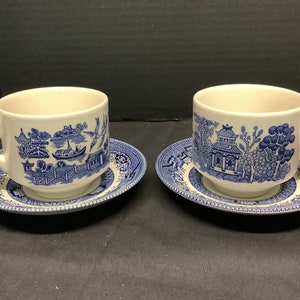 Blue Willow By Churchill Tea Cups and Saucers OR Tall Tea Mugs. Sets of 2.