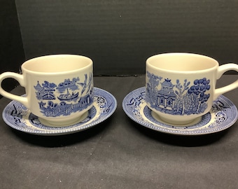 Blue Willow By Churchill Tea Cups and Saucers OR Tall Tea Mugs. Sets of 2.