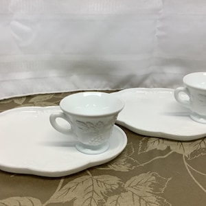 Vintage White Milk Glass-Luncheon set with Tray and Cups. 4 Piece Set.