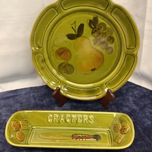 Vintage Los Angeles 1960’s Olive Los Angeles Pottery Serving Platter and Cheese & Crackers dish.