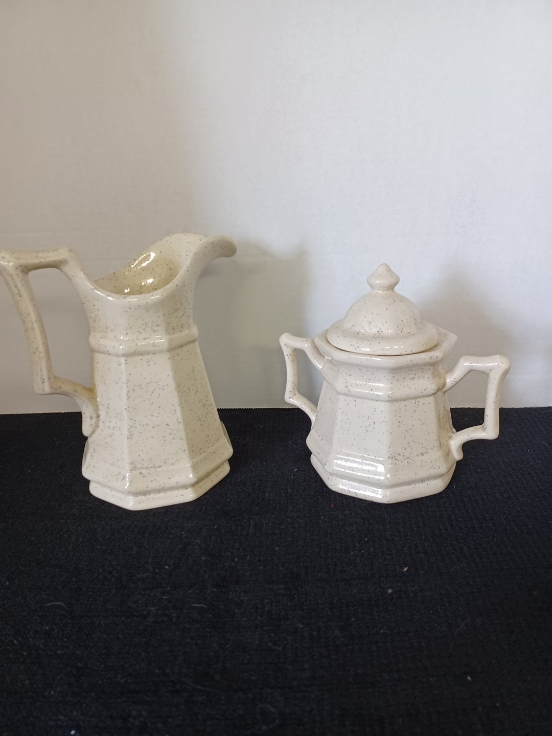 Vintage Cream Pitcher and Sugar Bowl Ceramic Set Squared Jug Look, Octagonal White Speckled With