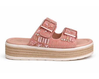 Beaded Platform Espadrille Sandals for Women Double Strap 1163