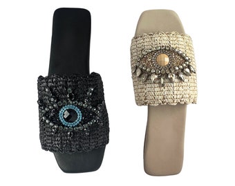 flat sandal with Turkish eye crystal detail