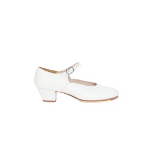 May include: White leather dance shoe with a low heel and a strap that buckles across the top of the foot. The shoe has a rounded toe and a light-colored sole. The heel measures approximately 1.5 inches.