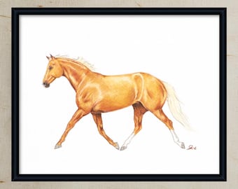 May include: A drawing of a golden horse running with its mane and tail flowing in the wind. The horse is depicted in a realistic style with detailed features.