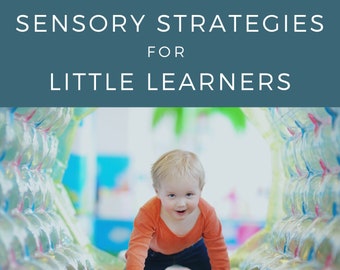 Könnte beinhalten: Ein Buchcover mit einem blauen Titelbalken, auf dem "Sensory Strategies for Little Learners" steht. Das Cover zeigt ein kleines Kind, das auf einer bunten aufblasbaren Spielstruktur krabbelt. Der Text unter dem Titel lautet "A step by step guide to enhancing attention in toddlers and preschoolers by Jill Urbane, The Mentor Mom."