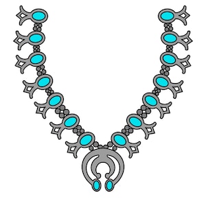 Puede incluir: Un collar de plata con piedras turquesa y un colgante de media luna.