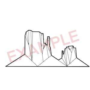 May include: A black and white line drawing of a mountain range with three peaks. The peaks are stylized and geometric, with sharp angles and edges.