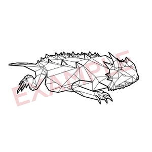 May include: A black and white line drawing of a horned lizard in a low polygon style. The lizard is facing the right side of the image and has a spiky back.