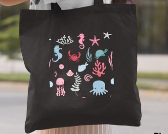 Sea Tote Bag, Sea Turtle Beach Bag, Sea Turtle Gift, Summer Tote Bag, Ocean Tote Bag, Sea Turtles, Starfish, Jellyfish, Coral, Beach Tote