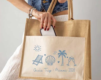 Custom Girls Trip Jute Bag, Weekend Custom Tote, Beach Party Favors