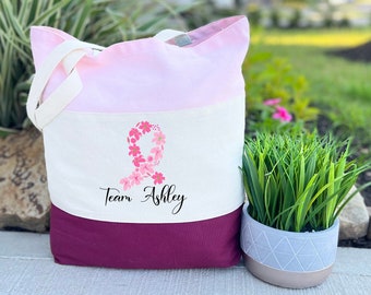 Personalized Cancer Team Tote Bag, Breast Cancer Ribbon Bag, Cancer Support Gift, Breast Cancer Gift, Breast Cancer Awareness Ribbon Tote