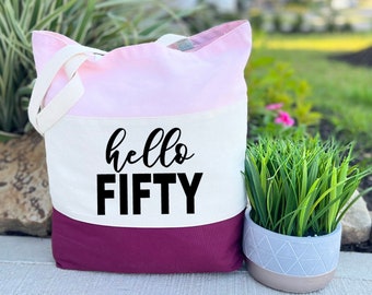 Hello Fifty Tote Bag, 50th Birthday Gifts, 50th Anniversary Gifts, 50th Tote Bag, 50th Birthday Decorations, 50th Birthday Gifts For Women