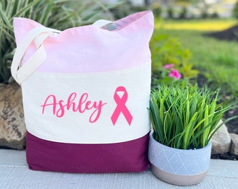 Personalized Cancer Awareness Tote Bag, Breast Cancer Ribbon Bag, Cancer Support Gift, Breast Cancer Gift, Breast Cancer Awareness Ribbon