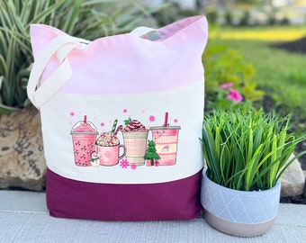 Pink Christmas Coffee Tote Bag,  Vintage Christmas Tote Bag, Christmas Gift for Women, Christmas Coffee Cups Tote, Xmas Gifts Bags