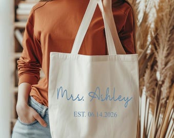 Mrs Bag With Name and Date, Honeymoon Gift, Wedding Tote, Custom Bride Canvas