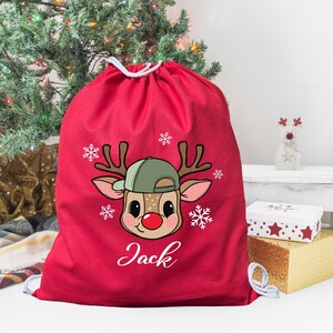 Custom Name Boy Reindeer Santa Sack, Christmas Personalized Cap Reindeer Drawstring Pouch, Tree Present Storage Bag