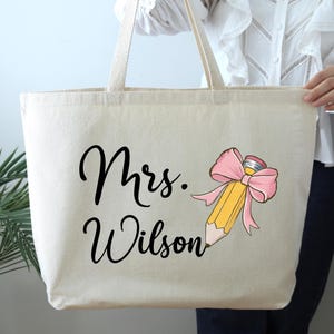 Custom Teacher Coquette Bow Pencil Tote, Personalized Back to School Teacher Gift, Custom Name Teacher Bag, Teacher Appreciation Gift