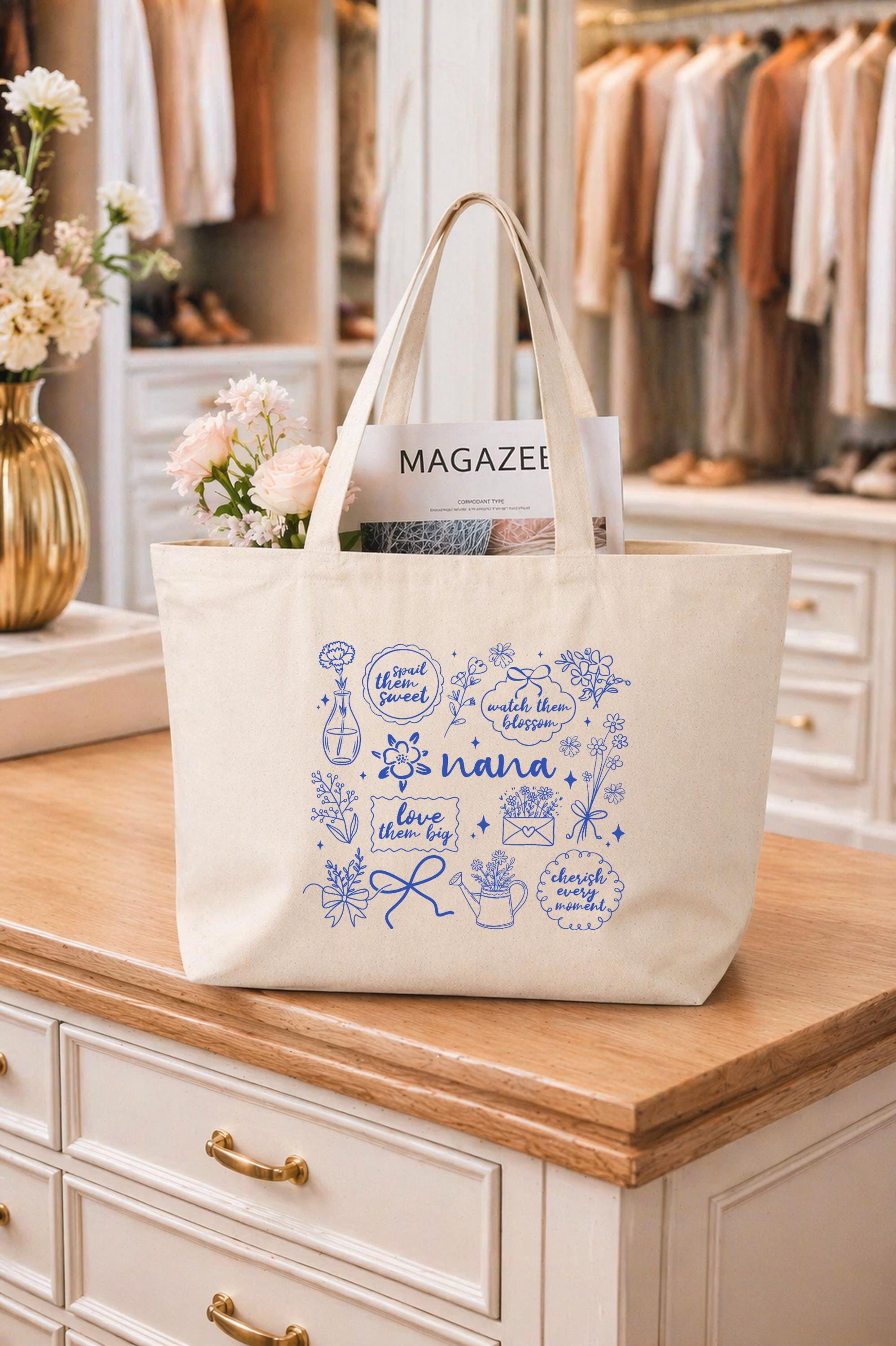 Nana トートバッグ Nana's Garden Zip Tote Bag, Floral Nana Gift, Blue Botanical Tote