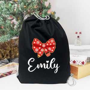 Custom Name Kids Toy Sack, Snowflake Bow Santa Bag, Personalized Children Christmas Pouch, Holiday Tree Decoration Storage