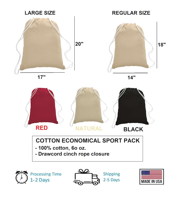 May include: Three drawstring bags in red, natural, and black. The bags are made of 100% cotton and have a drawcord cinch rope closure. The bags are available in two sizes: large (17" x 20") and regular (14" x 18").