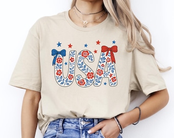 Floral USA Patriotic Shirt, USA Bow Tee, Floral USA Shirt, Coquette Bow T-Shirt, 4th of July Shirt, American Shirt, Flower America Shirt