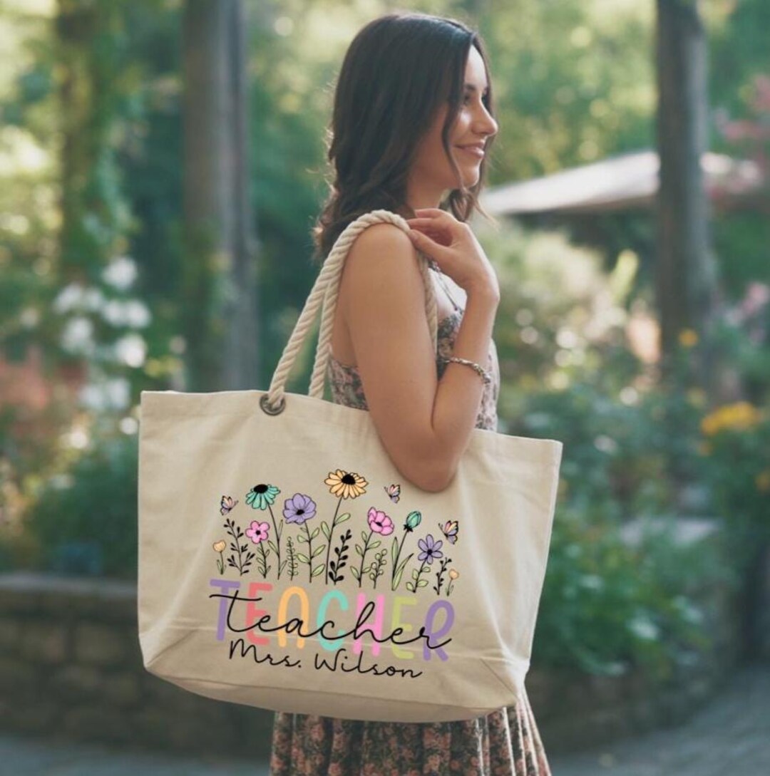 Personalized Teacher Tote Bag With Name, Floral Classroom Gift for ...
