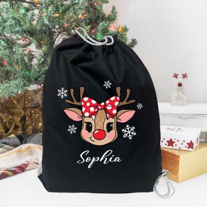 Sister Christmas Santa Sack, Custom Name Girl Gift Bag, Personalized Reindeer Drawstring Pouch, Reusable Tree Present Wrap