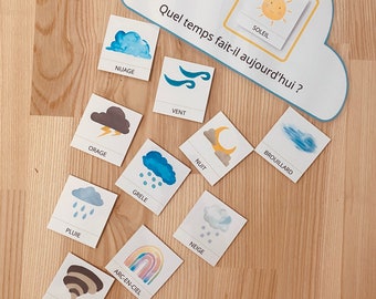 May include: A set of weather cards with illustrations of different weather conditions, including sun, clouds, rain, wind, snow, and lightning. The cards are labeled with the French words for each weather condition. The text on the top card reads "Quel temps fait-il aujourd'hui?" which translates to "What's the weather like today?"