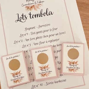 Tickets à gratter , jeu de la jarretière , tickets tombola , jeu du bouquet , tombola