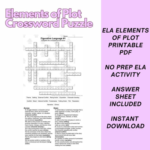 Elements of Plot Crossword Puzzle | ELA Plot Crossword Puzzle | Plot Diagram Review Crossword Puzzle | ELA Plot Crossword Puzzle Answer Key