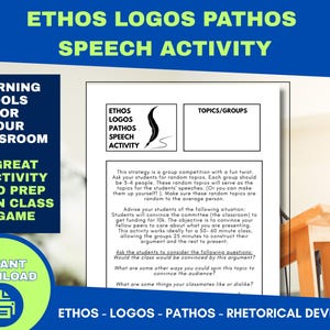 Könnte beinhalten: Ein schwarz-weißes druckbares Arbeitsblatt mit dem Titel "Ethos Logos Pathos Speech Activity". Das Arbeitsblatt enthält Anweisungen für einen Gruppenwettbewerb, bei dem die Schüler Reden zu zufälligen Themen halten. Das Arbeitsblatt enthält auch einen Abschnitt für Themen und Gruppen.