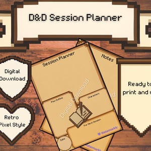 Könnte beinhalten: Ein digitaler D&D Session Planner im Retro-Pixel-Stil. Das Design umfasst ein Banner mit dem Text "D&D Session Planner", ein Schild mit "Digital Download" und ein Herz mit "Retro Pixel Style". Der Planer ist druckfertig.